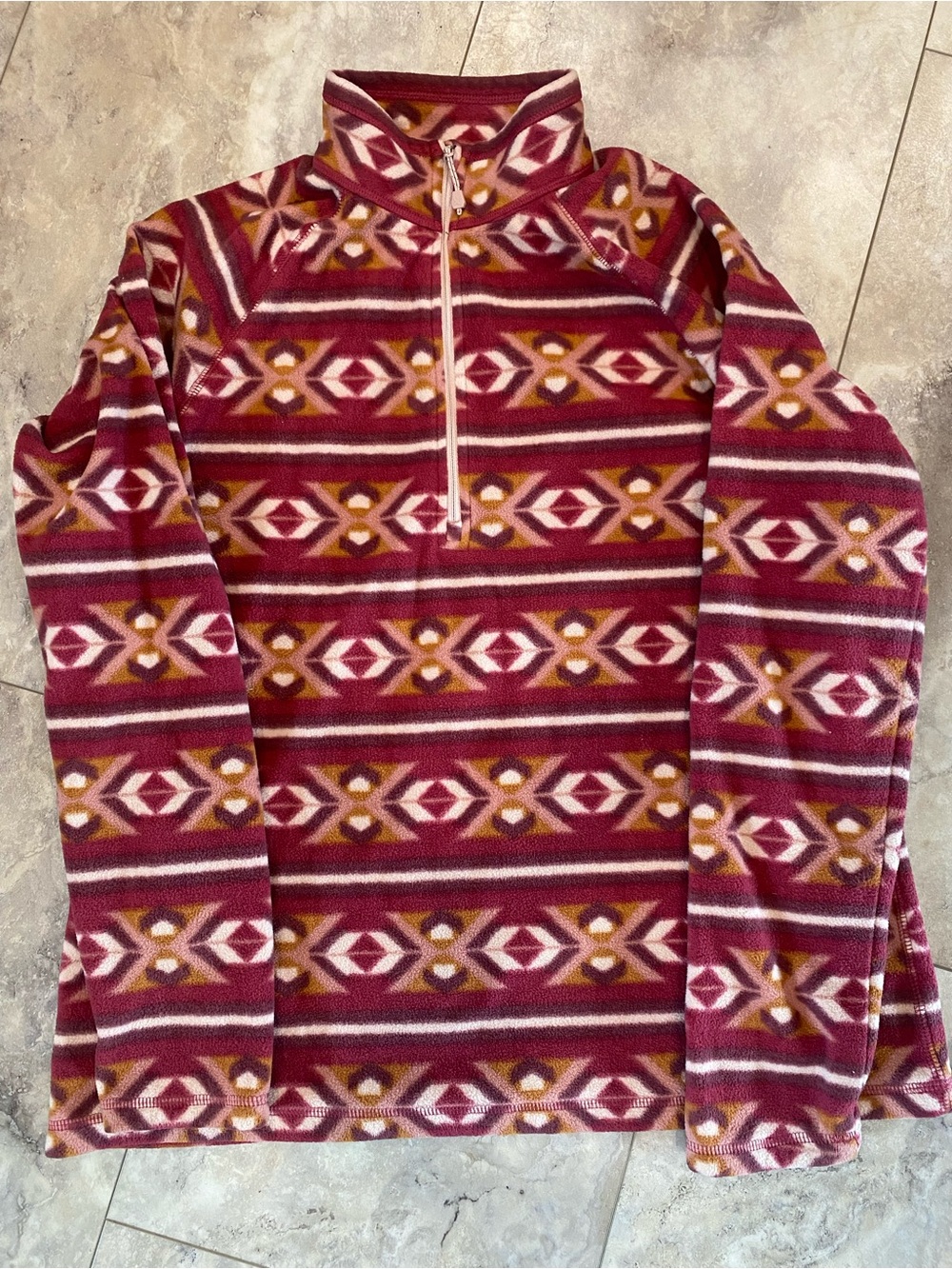 Half-Zip Fleece Pullover in Burgundy Geometric Print